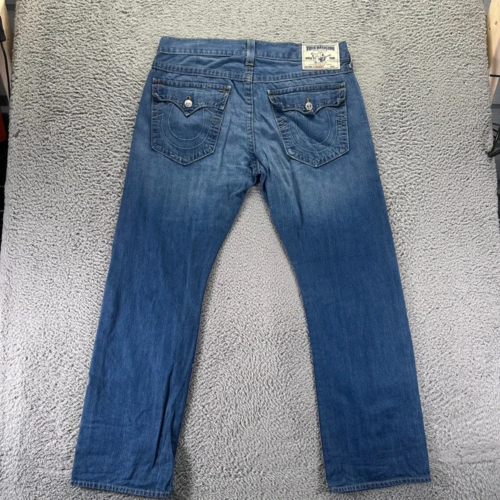 Vintage True Religion Jeans Mens 38x34 Blue Cotton Denim Straight Faded Workwear